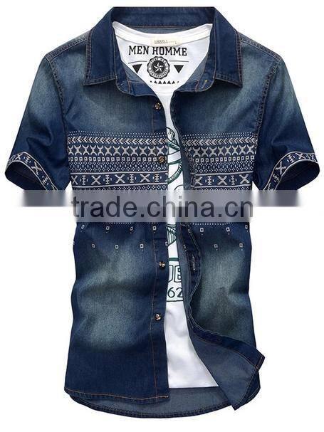 Mens jeans shirt new fashion printed short sleeve slim shirt 22