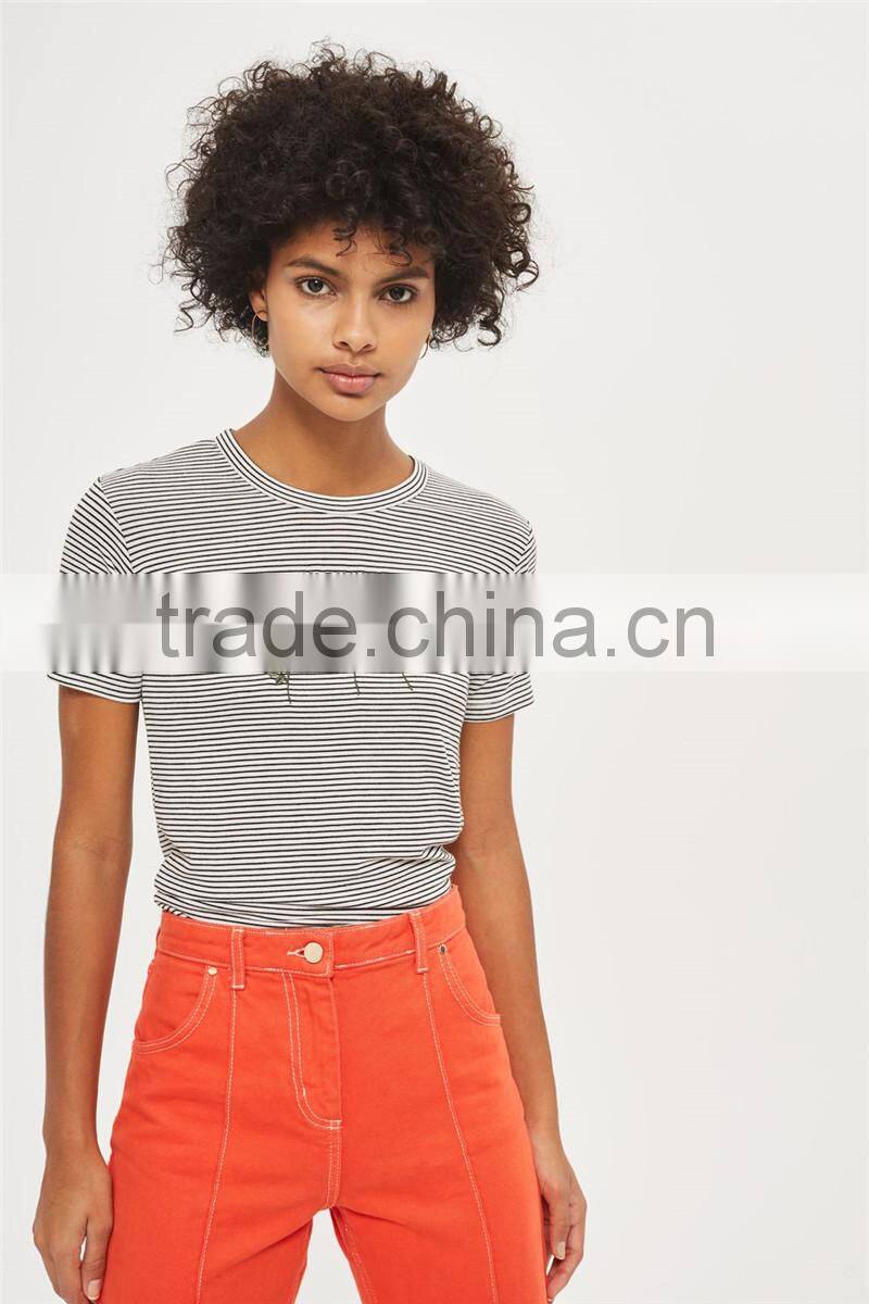 MGOO Factory Supplied Women Flora Embroidered T Shirt 100% Cotton Black And White Stripe T-shirt