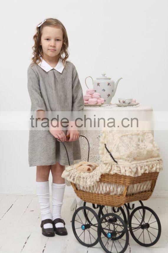 wholesale children's boutique clothing spring summer girl dress of 9 years old half sleeve peter pan collar vintage linen dress