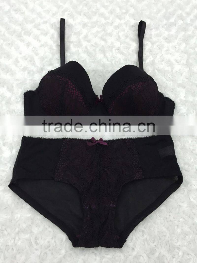 Fashion new design sexy purple and black sexy fancy bra panty set