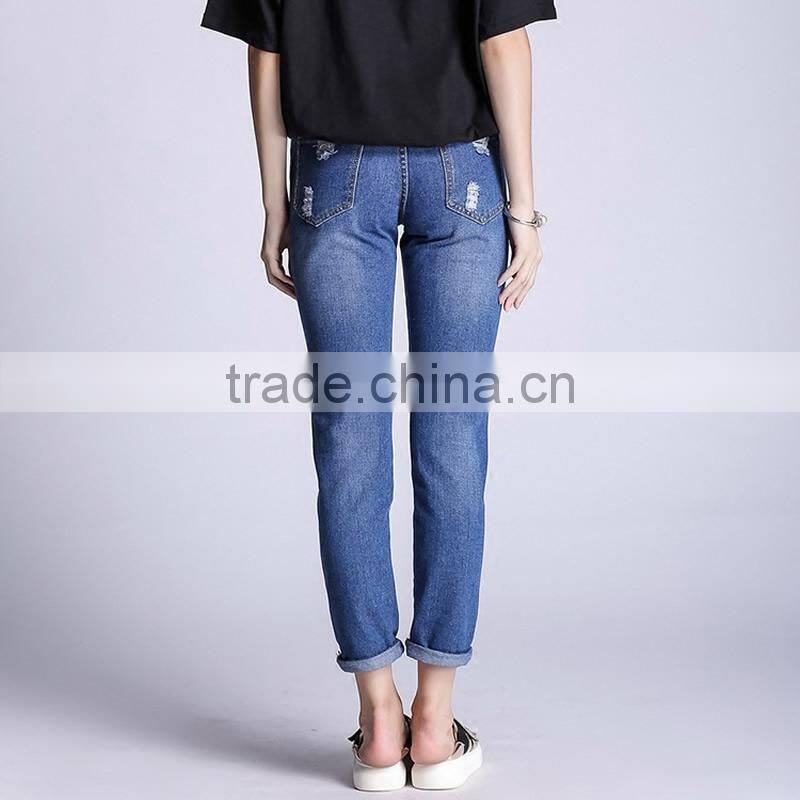 2017 Newest ladies plus size frayed Solid jeans pants