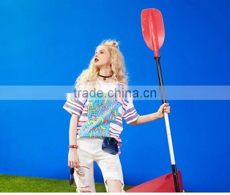 Womens short sleeve stripe front printing t-shirt with custom logo