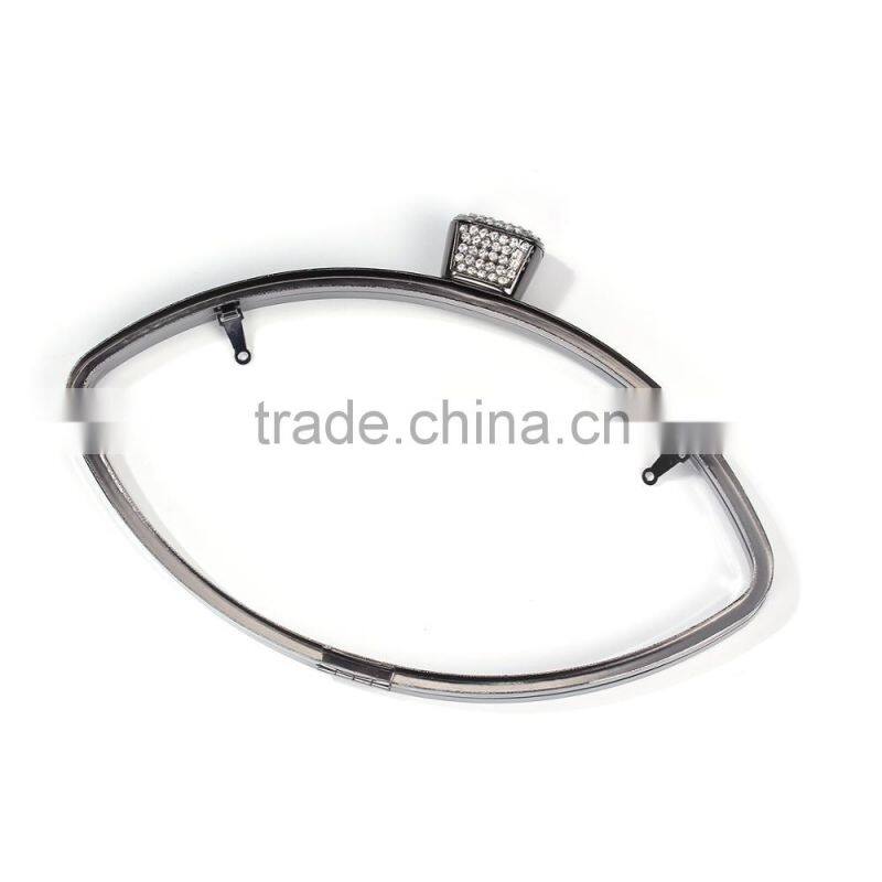 Iron Based Alloy Kiss Clasp Purse Frame Marquise Clear Rhinestone Gunmetal Rectangle 23.8cm(9 3/8") x 16cm(6 2/8"), 1 Piece