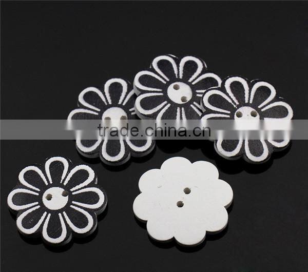 Wholesale Scrapbooking 2 Holes Flower White Black Wood Painting Sewing Buttons