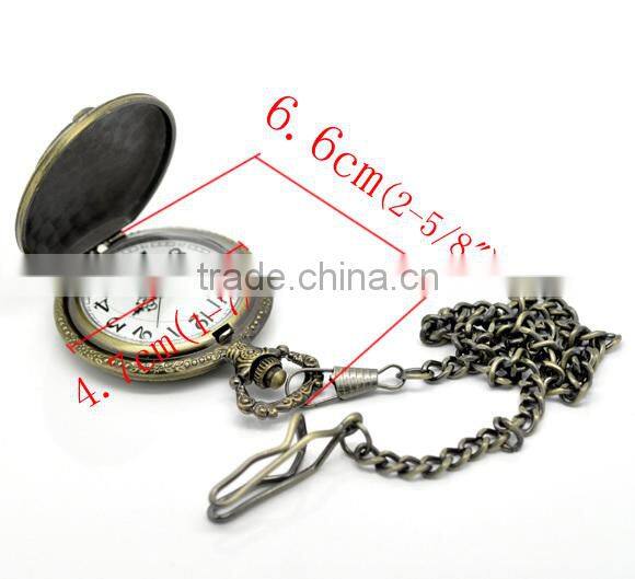 Vintage Antique Bronze Halloween Skull& Bat Pattern Carved Quartz Pocket Watch(Battery Included)