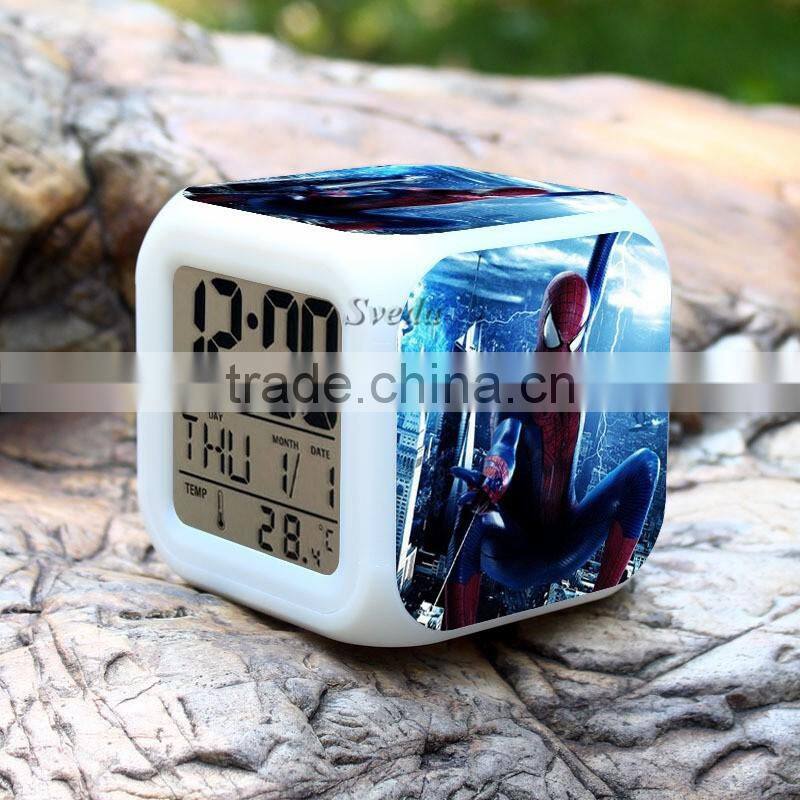 (Low price)2015 Hot Spiderman LED Alarm Clock,glowing led color change digital alarm clock, Spider man Digital Alarm Clock