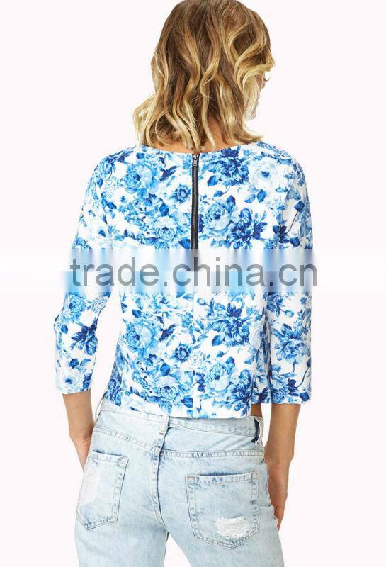 hot selling floral print lady top 3/4 sleeve back zipper lady top