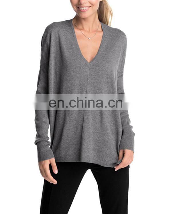 100%Cashmere Deep Vee Neck Pullover Knit Ladies Sweater