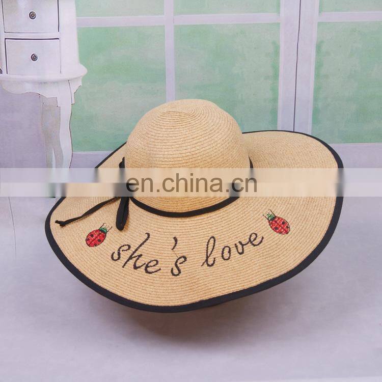Ladybug Letters Embroidery Straw Hat Large Eaves Sunscreen Beach Hat