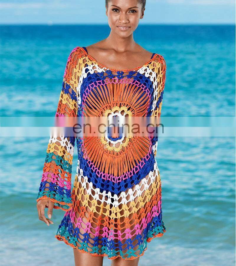 Hand Made Crochet Cover up Colorful Tunic for Beach Sexy Bikini cover up Sarong Beachwear Pareo Beach Bathing Suit Cover ups