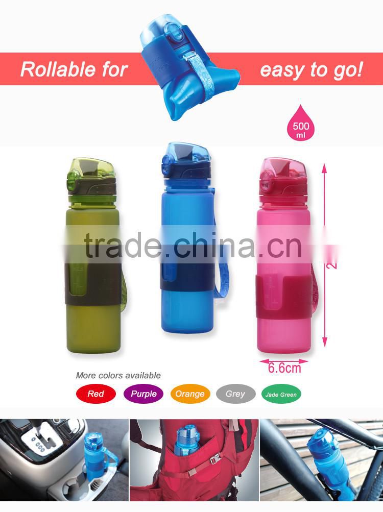 2016NEW 500ml/16oz Foldable Water Bottle with PP Grab, One-touch Lid, Silicone sports bottle BPA Free