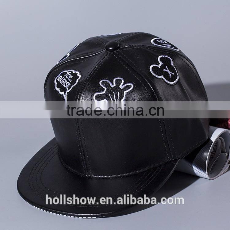 Star Style Cute Hand Embroidery Men Women Hiphop Black Leather Flat Baseball Cap