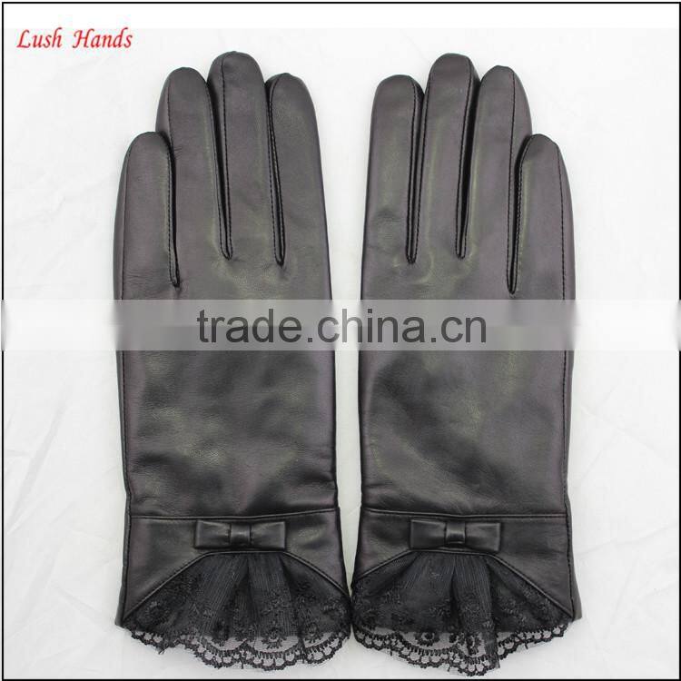 ladies wholesale winter leather hand gloves black with lace