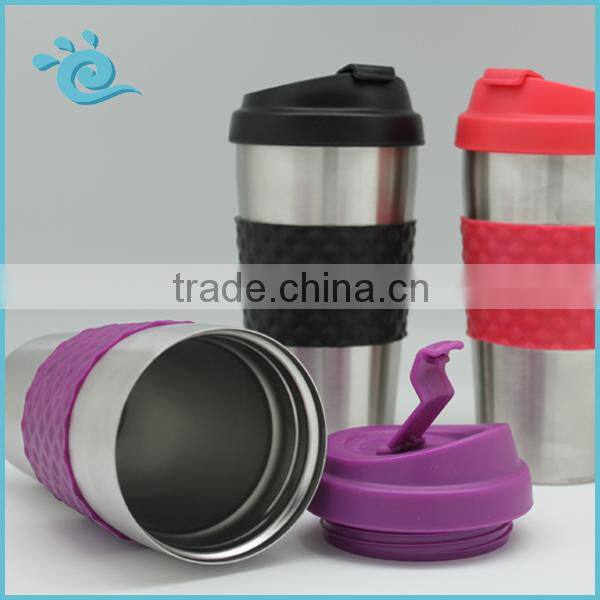 Good Quality 450ML Double Wall Stainless Isolated Coffee Mug with Anti-Slip Sleeve and Slant Lid