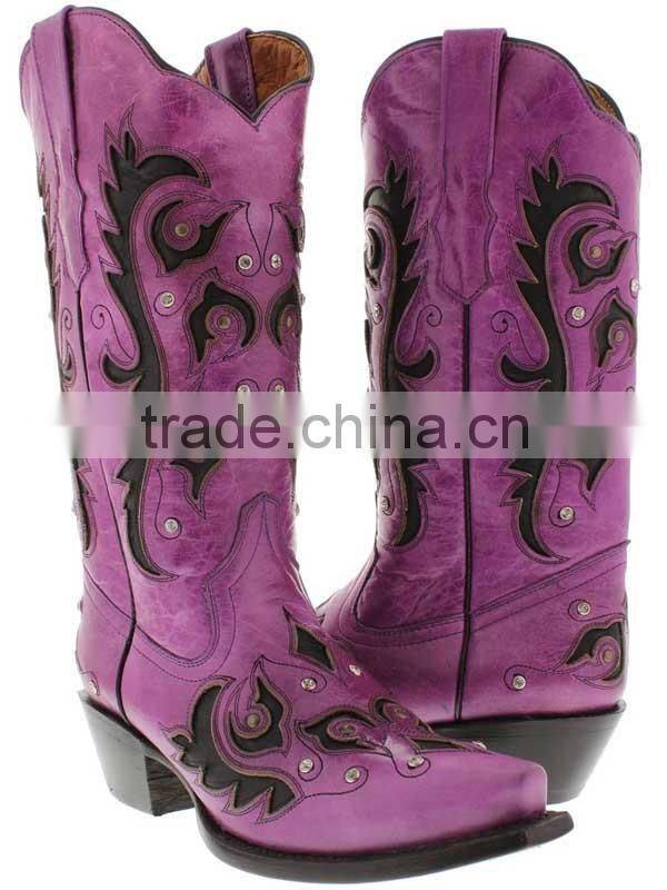 Women's New Purple Black Overlay Western Cowgirl Boots Rhinestones Studded Shaft