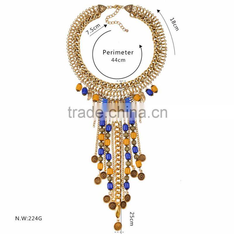 Factory Directly Wholesale New Arrive Bohemian Turquoise Coins Tassel Necklace Chunky Statement Necklace