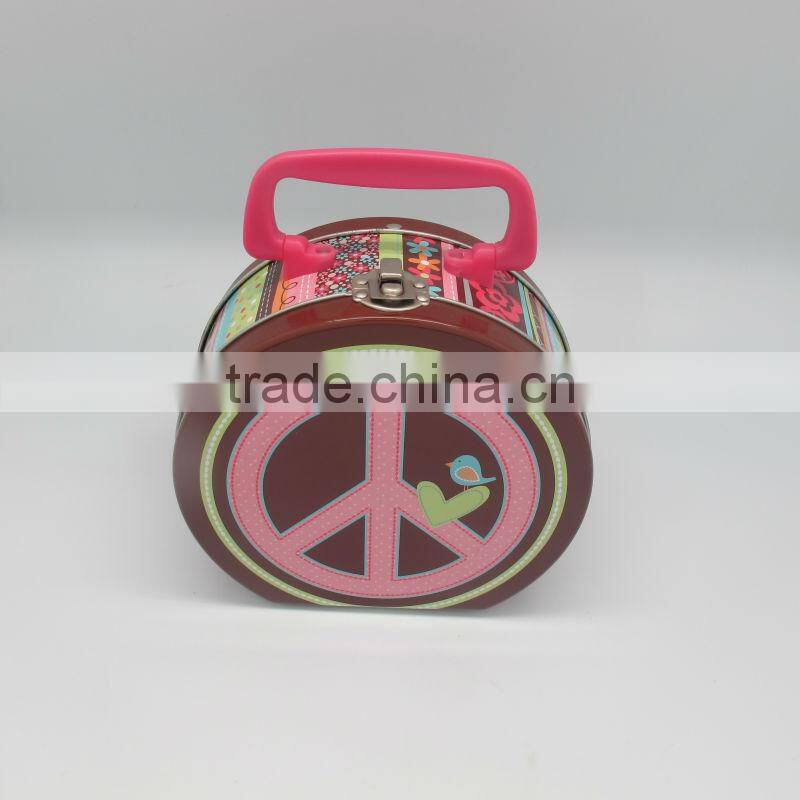 Round shape with handle and lock lunch tin box,mooncake round tin box