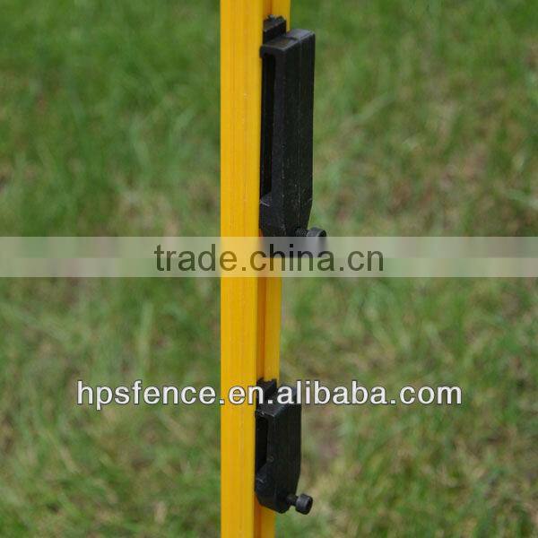 Fiber reinforced plastic tread in post for electric fence ropes and tapes
