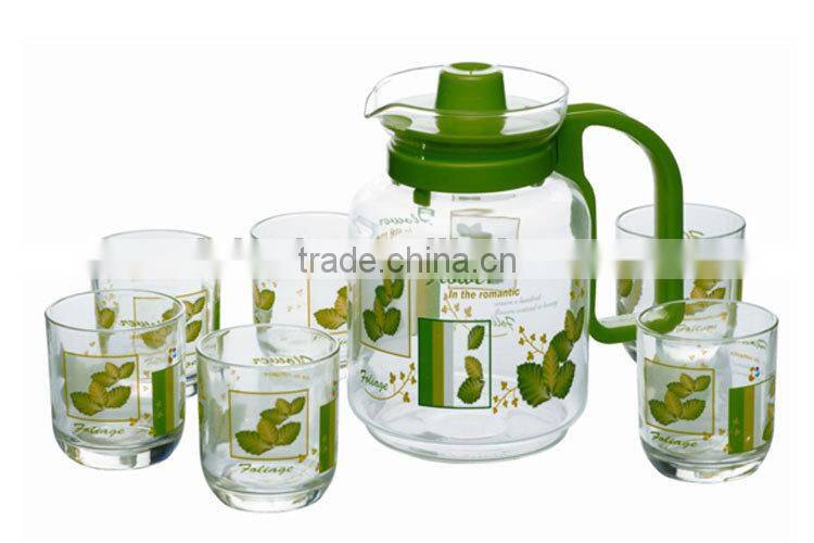2015 new hot selling drinking glassware set, glass 7pcs water set with decal