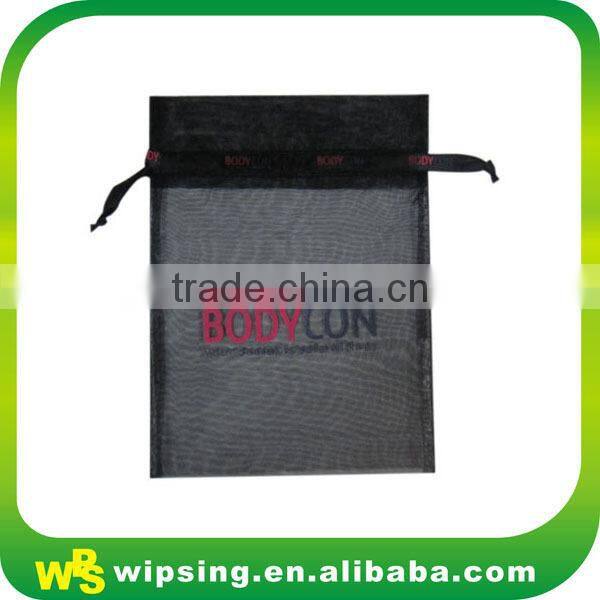 White Organza Pouch with Printed Ribbon Drawstring