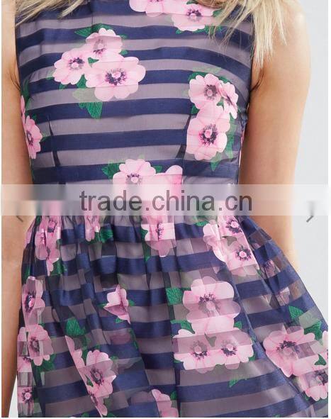 Floral Print pattern Stripe Organza Sleeveless Dress/women dress/clothing