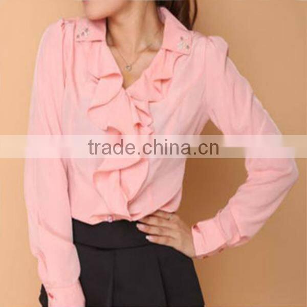 Wholesale ladies tops cheap price long sleeve ruffled neckline mature ladies blouse