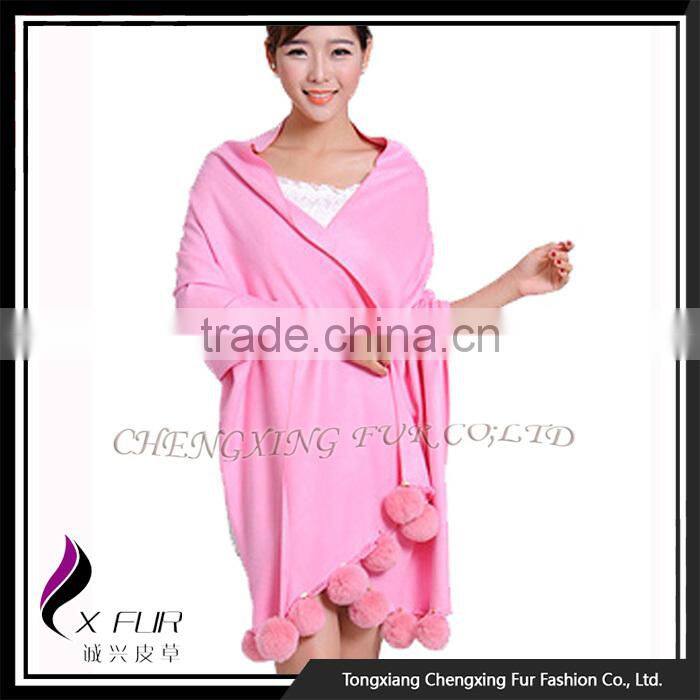 CX-B-P-42D 2016 Wholesale High Quality Fashion Cashmere Pashmina Shawl Scarf With Fur Pom Pom