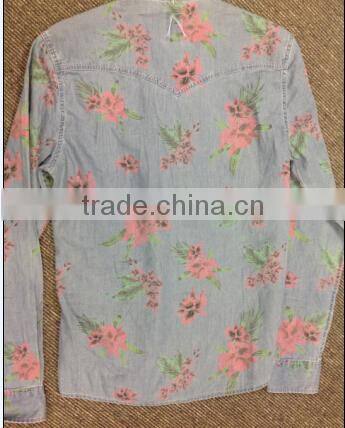 MENS DENIM PRINTED SHORT SLEEVE SHIRT WITH ENZYME WASHED Nd02