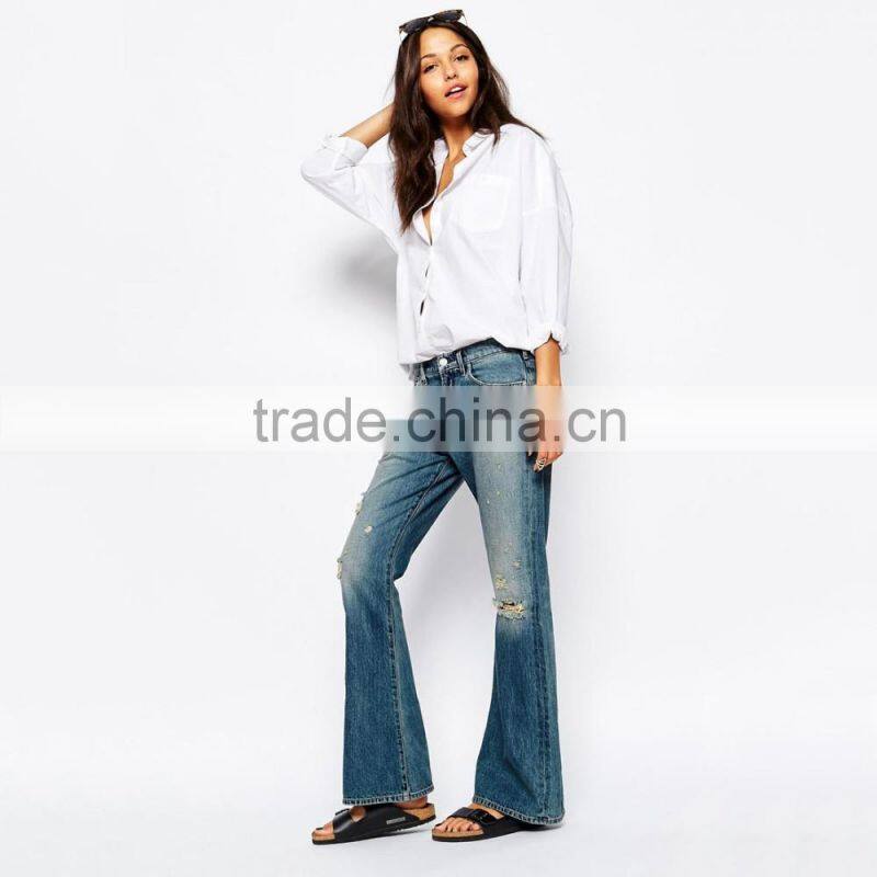 fashion fancy ripped Flared trousers bell-bottoms female jeans in bulk