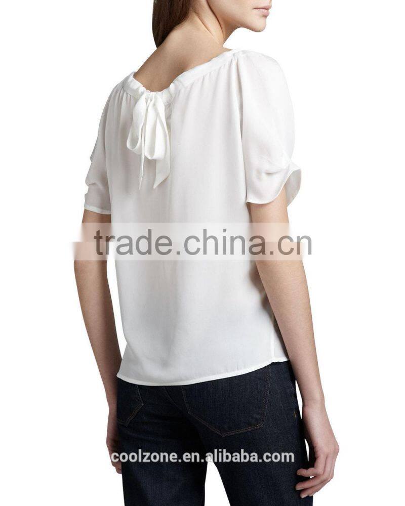 Latest pleated neck puffed shoulders silk blouse elegant silk blouses models