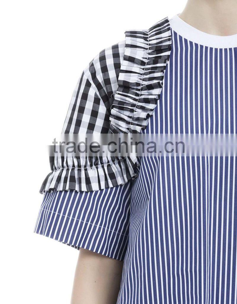 Women's 100% cotton blue striped loose fit t shirt with zipper back