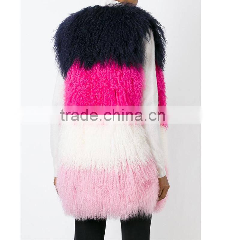 SJ206-01 Combined Colorful Lamb Fur Vest Mongolian from China Real Fur Vest for Women 2016