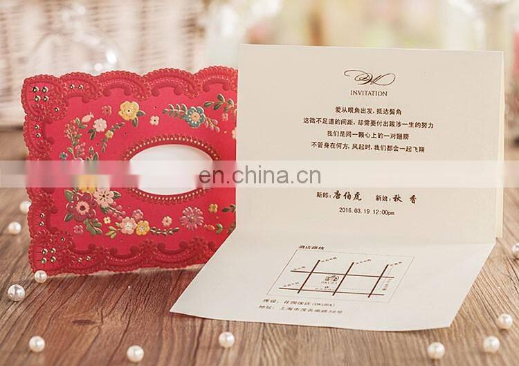 New Greeting Card 6021 Flower Embossed Red Laser Cut Wedding Invitation Cards