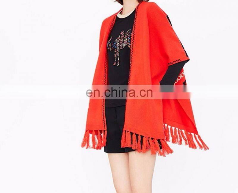 Red color New fashion computer knitted fringe poncho women