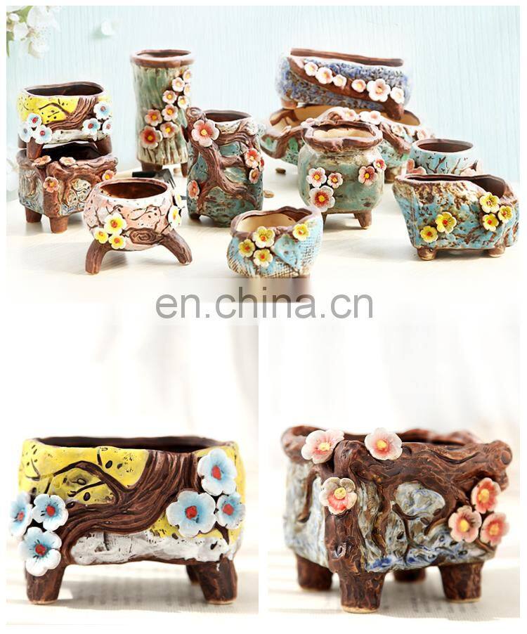 Wholesalers Cheap Garden Decor Flower Pots Plants Flowerpot And Planters Outdoor Small Wooden Looks Bonsai Pot Ceramic