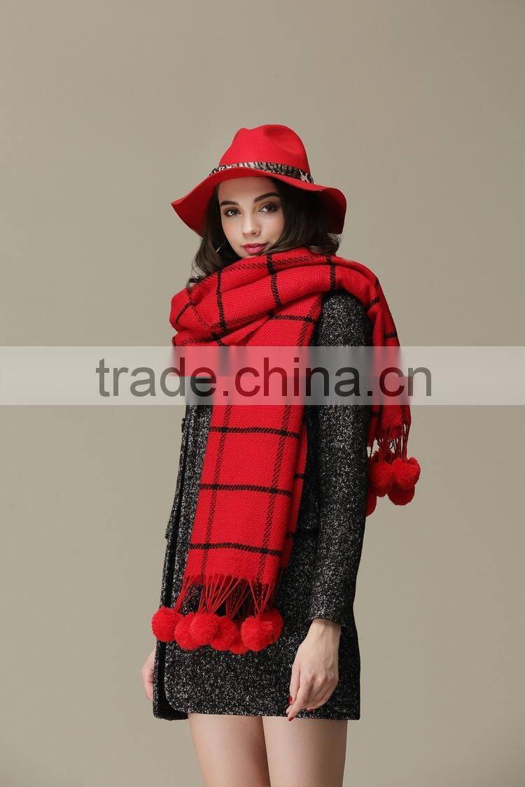 New Design Checked Plaid Acrylic Ball Fashion Ladies Winter Scarf