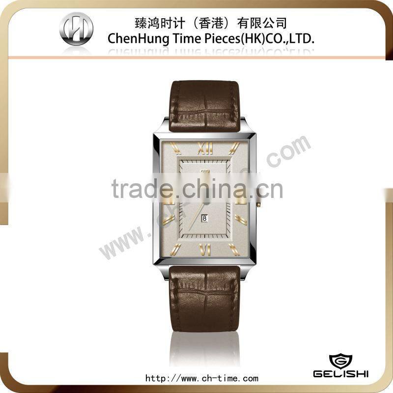 Genuine leather watch strap stainless steel back geneva quartz japan movement gold mens watch