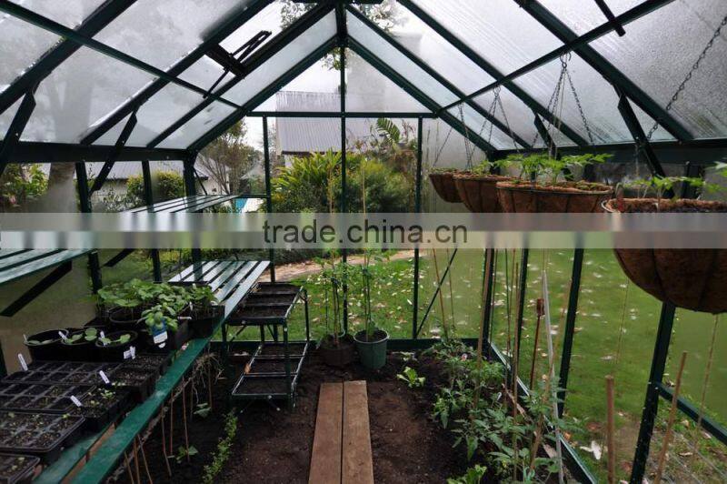 new-style and widely used deluxe tempered glass greenhouse with green aluminium frame