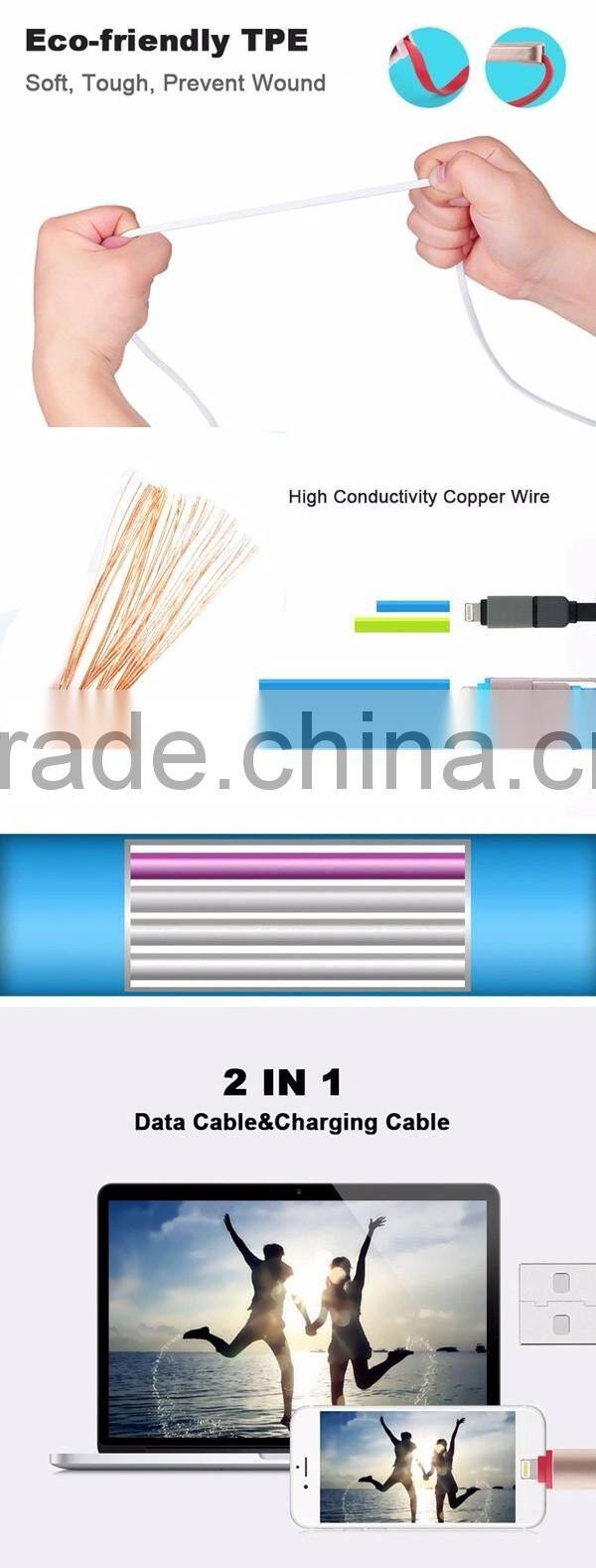 High quality fast charging 2 in 1 USB extension micro data cable Sync Data Charging Cable