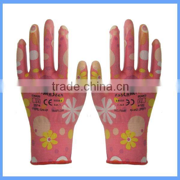 Hot Sale Transparent Nitrile Coated Polyester Printing Gardening Work Gloves For Lady