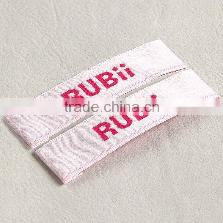 Garment woven label main label with white background and pink fonts