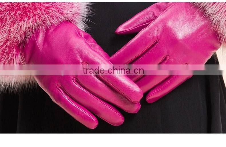 Hot Pink Lamb Leather Gloves With Fluffy Fox Fur Trim Fashion Leather Wrist Gloves