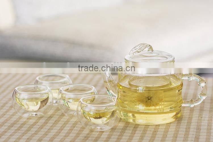 Bamboo shaped Heat- Resisting Borosilicate Glass Teapot with leaf lid+ 4 Double wall tea cups