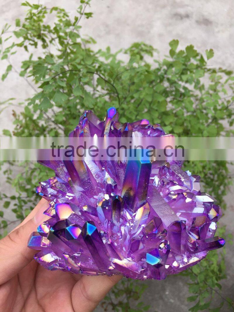 Purple rough crystal stone electroplating Titanium Coating Crystal Cluster Rainbows