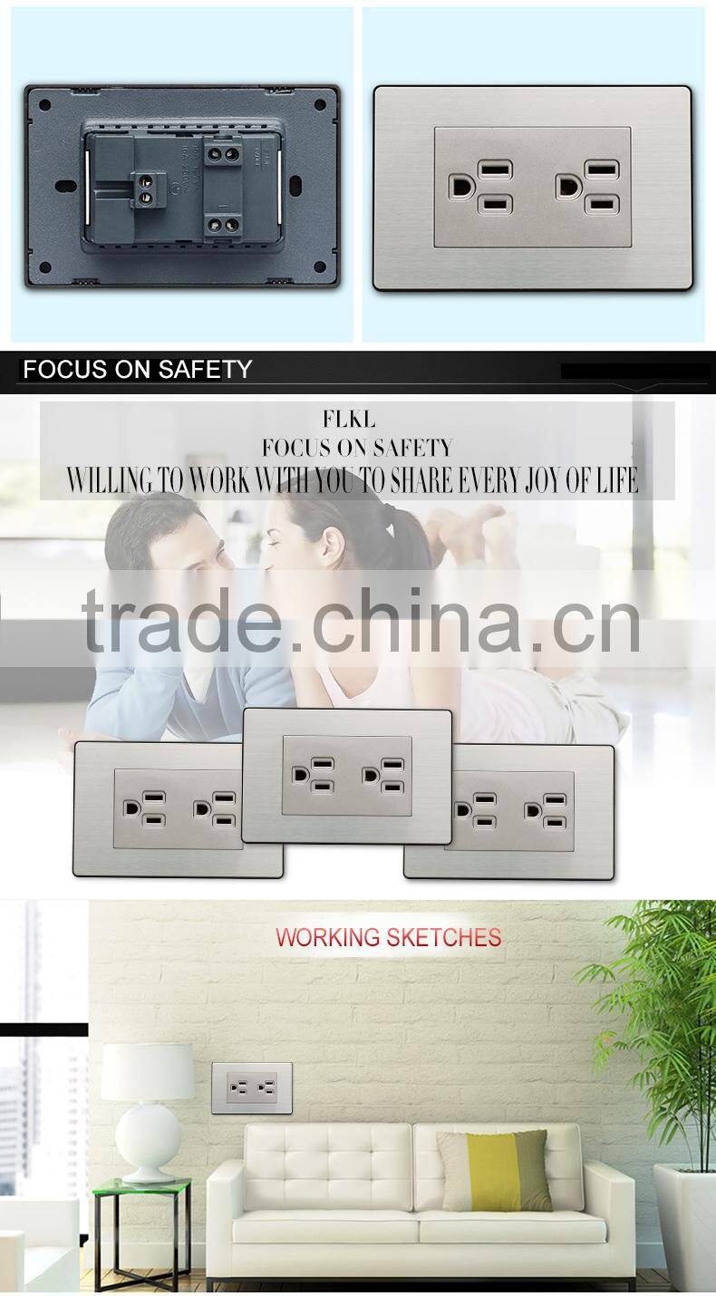USA American Standard fashion multi double 3 pin brushed stainless wall power electrical socket