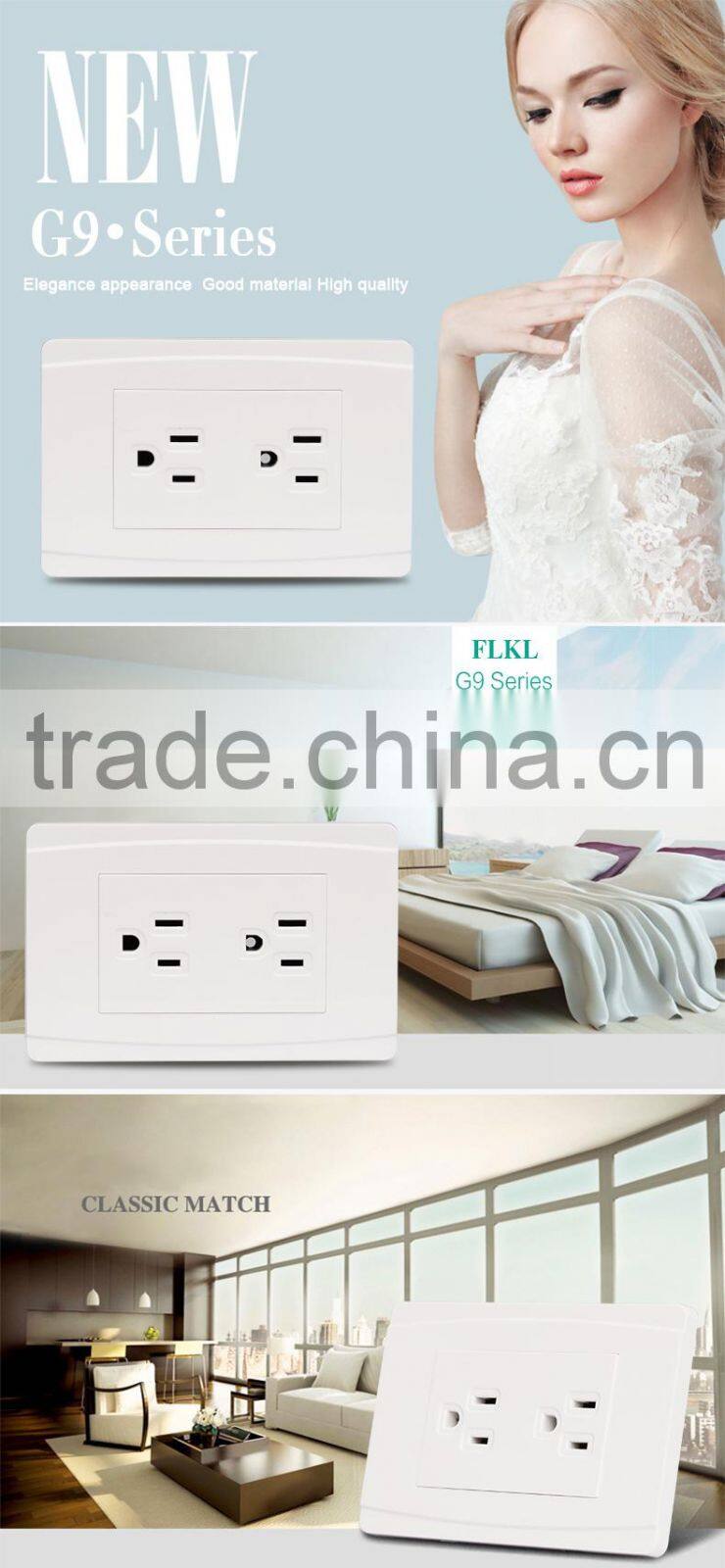American Standard double 3 pin 6 pin electrical female socket outlet 10a wall socket