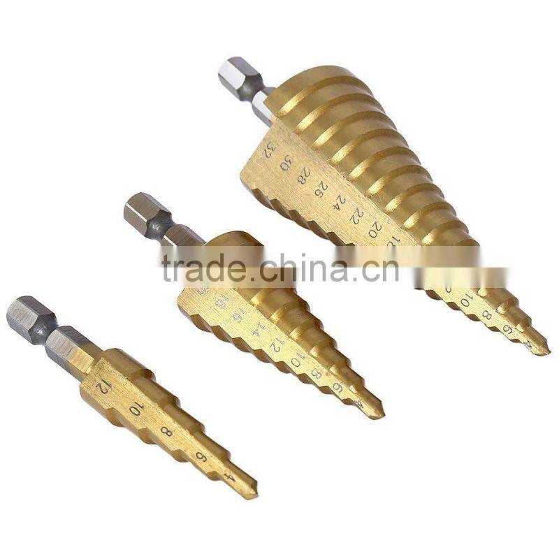 Hex Shank Straight flute Tin Coated 3 Pieces HSS Step Drill Set Hole Cutter