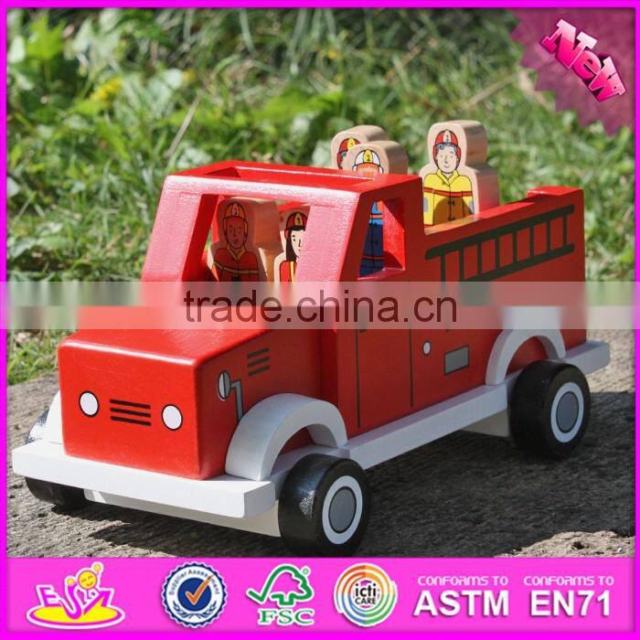 2017 New products dog and four firemen wooden toy fire trucks W04A315