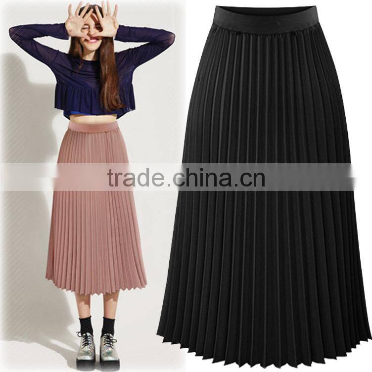 Women Double Layer Pleated Long Chiffon Maxi Elastic Skirt