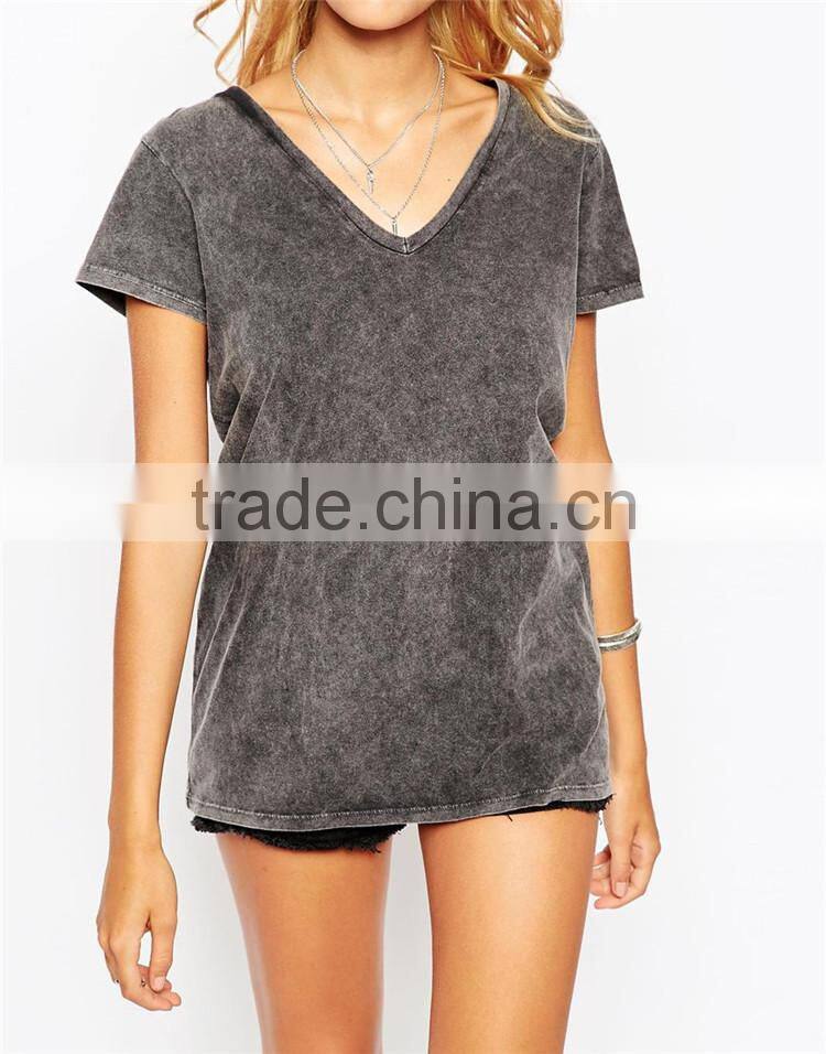 Girls deep grey v neck vintage washed t shirts, short sleeve vintage washed t shirts